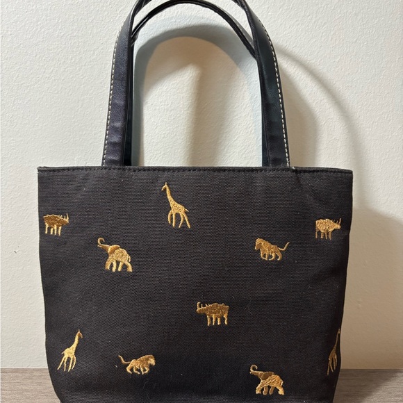 Handbags - 100% Cotton Small Black Purse‎ with Brown Safari Animals